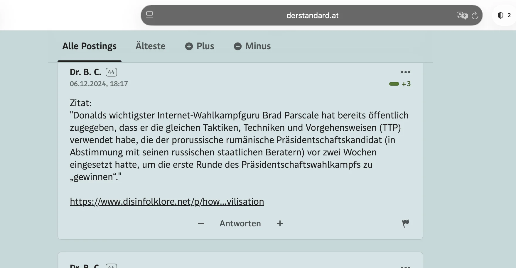 Impact attestation 787 — Der Standard reader citing Disinfolklore